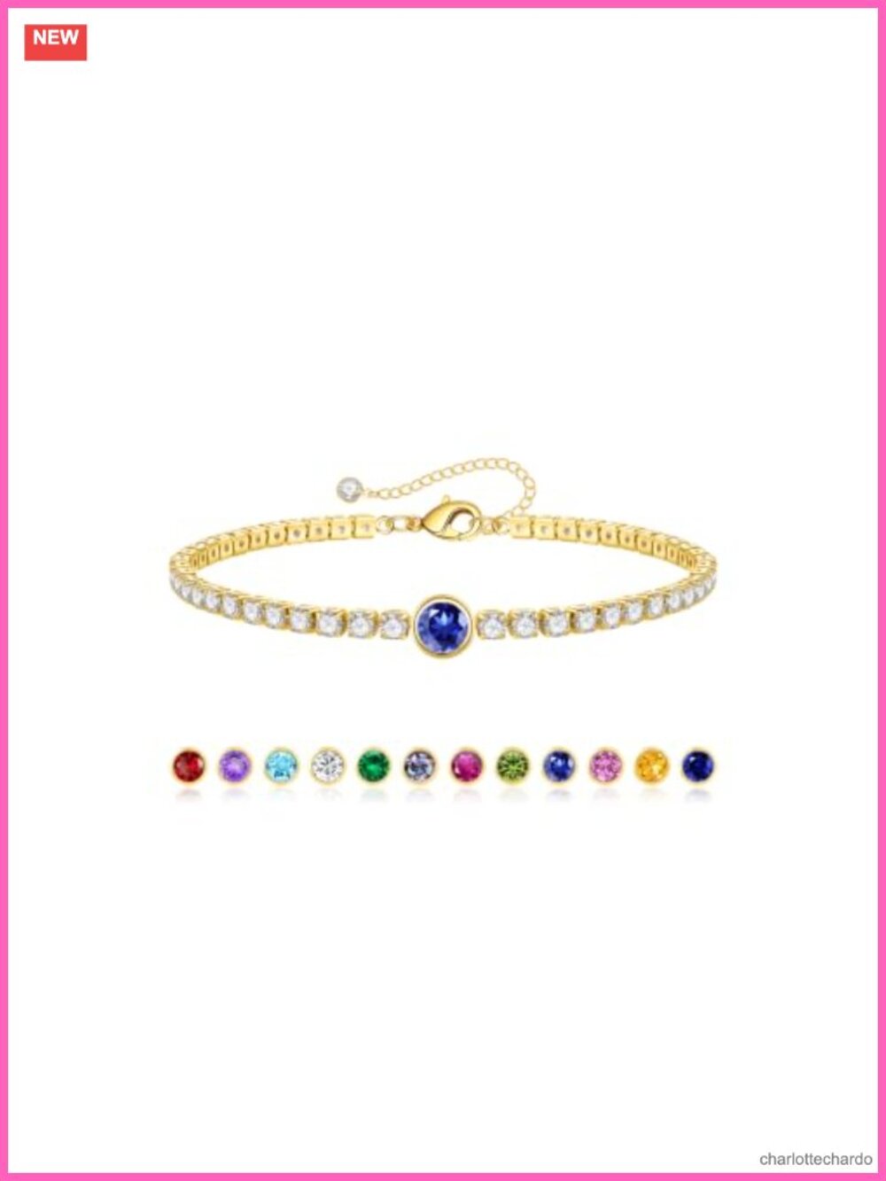 14k Gold Plated Birthstone Tennis Bracelet Cubic Zirconia Adjustable